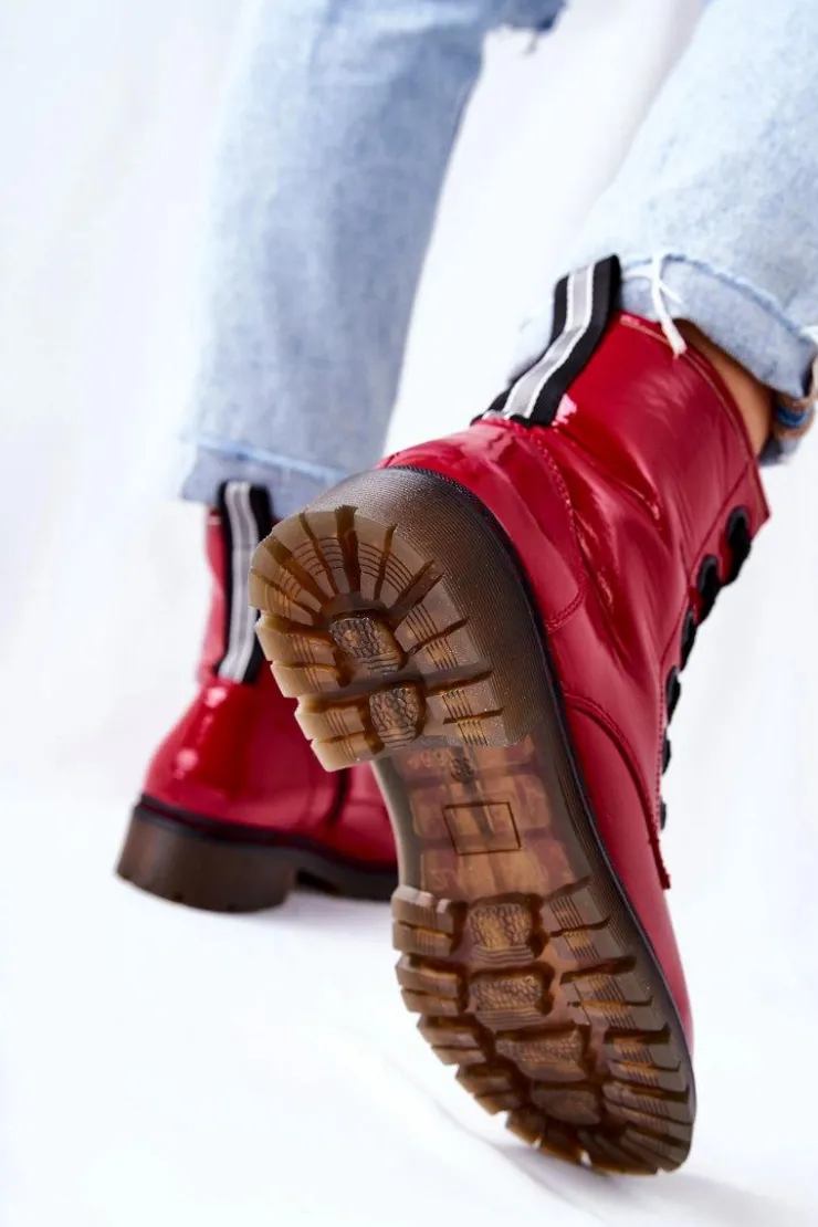 Evento Botki Sznurowane|Czarne Botki*Lakierowane Workery Ocieplane Czerwone Lomess