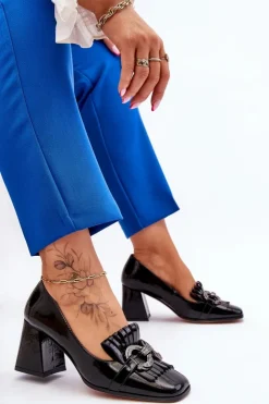 Clearance Damskie buty S.Barski Lakierowane Wygodne Czółenka Czarne Mercy Czarny