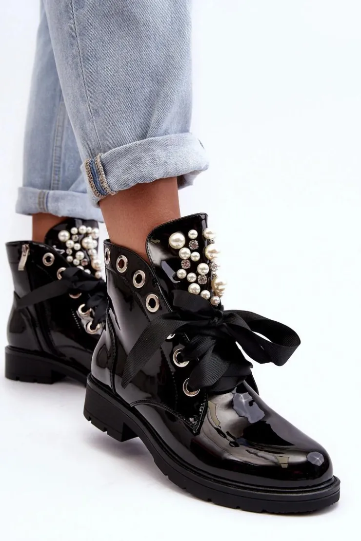Damskie Boto Lakierowane Zdobione Botki Czarne Sirdre