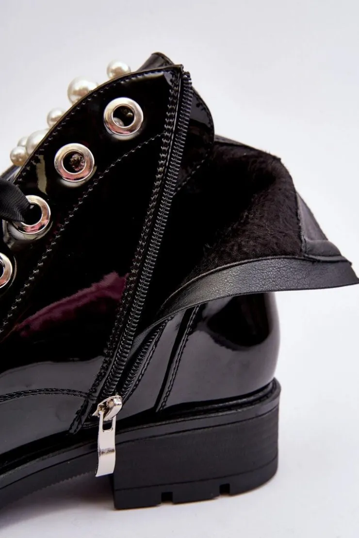 Damskie Boto Lakierowane Zdobione Botki Czarne Sirdre