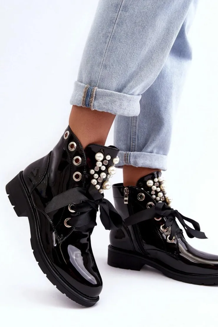 Damskie Boto Lakierowane Zdobione Botki Czarne Sirdre