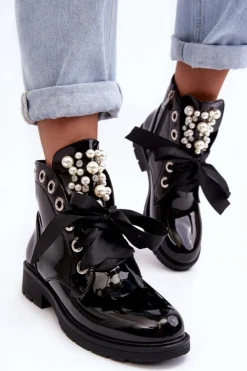 Damskie Boto Lakierowane Zdobione Botki Czarne Sirdre