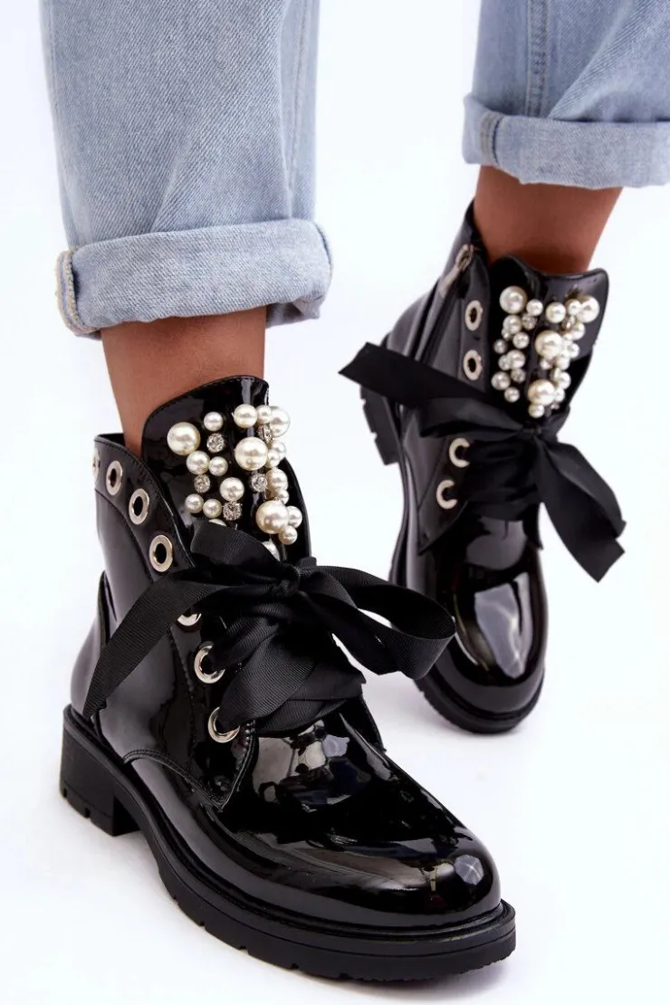 Damskie Boto Lakierowane Zdobione Botki Czarne Sirdre