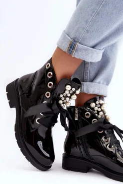 Damskie Boto Lakierowane Zdobione Botki Czarne Sirdre