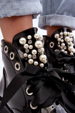 Damskie Boto Lakierowane Zdobione Botki Czarne Sirdre