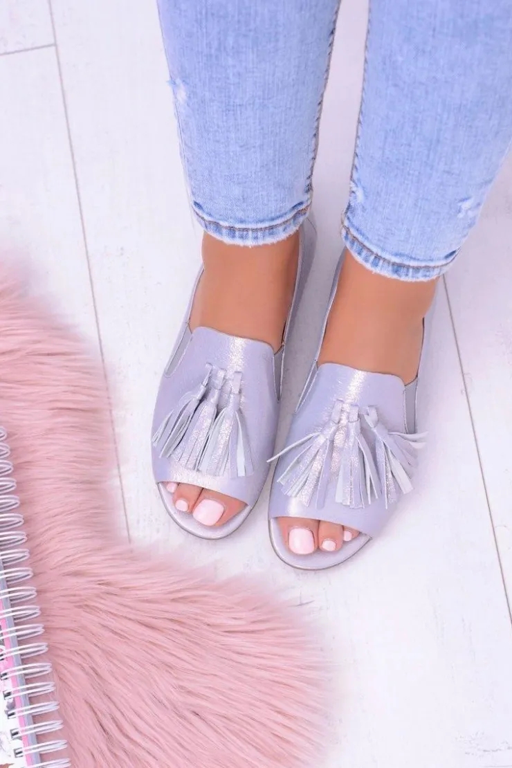 Laura Messi Baleriny Skórzane|Baleriny Klasyczne*1701 Skórzane Szare Baleriny Peep Toe Lendo