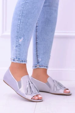 Laura Messi Baleriny Skórzane|Baleriny Klasyczne*1701 Skórzane Szare Baleriny Peep Toe Lendo