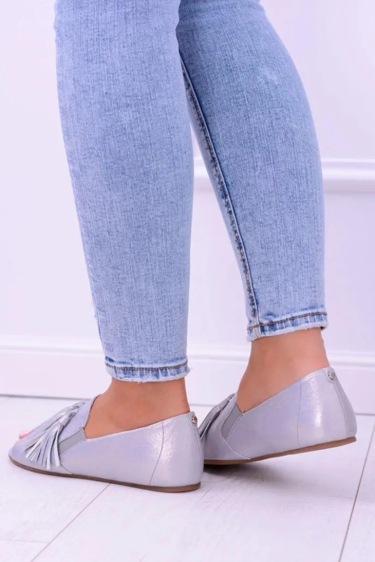 Laura Messi Baleriny Skórzane|Baleriny Klasyczne*1701 Skórzane Szare Baleriny Peep Toe Lendo