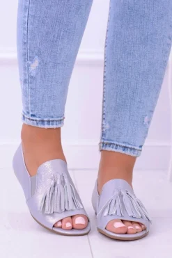 Laura Messi Baleriny Skórzane|Baleriny Klasyczne*1701 Skórzane Szare Baleriny Peep Toe Lendo