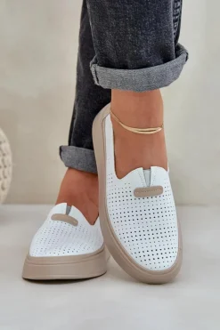 Discount Evento Lekkie Ażurowe Skórzane Mokasyny Półbuty Damskie Na Platformie I Koturnie Białe Hanthiel