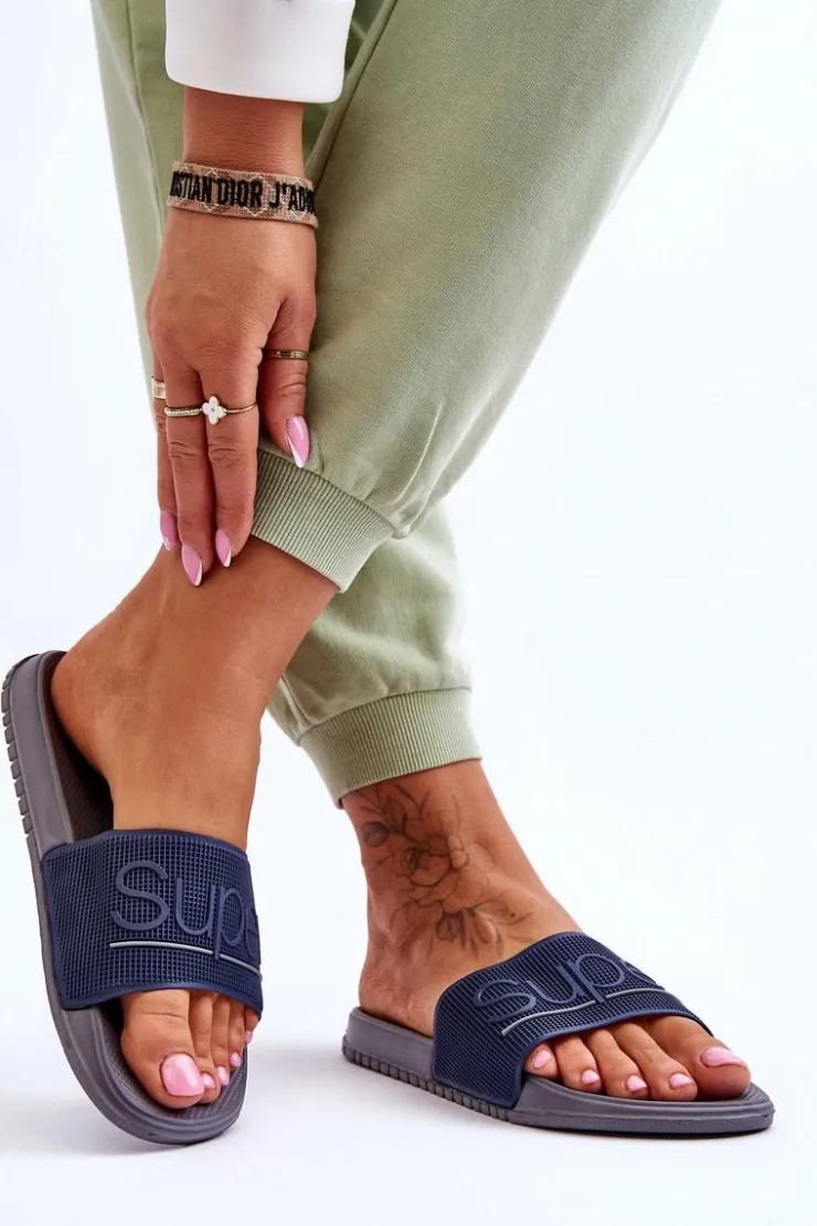 Damskie Boto Lekkie Damskie Klapki Z Napisem Granatowo-Szare Merry