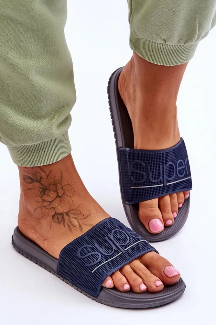 Damskie Boto Lekkie Damskie Klapki Z Napisem Granatowo-Szare Merry