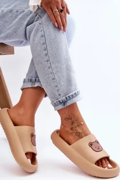 Hot Boto Lekkie Damskie Piankowe Klapki Z Misiem Beżowe Lia