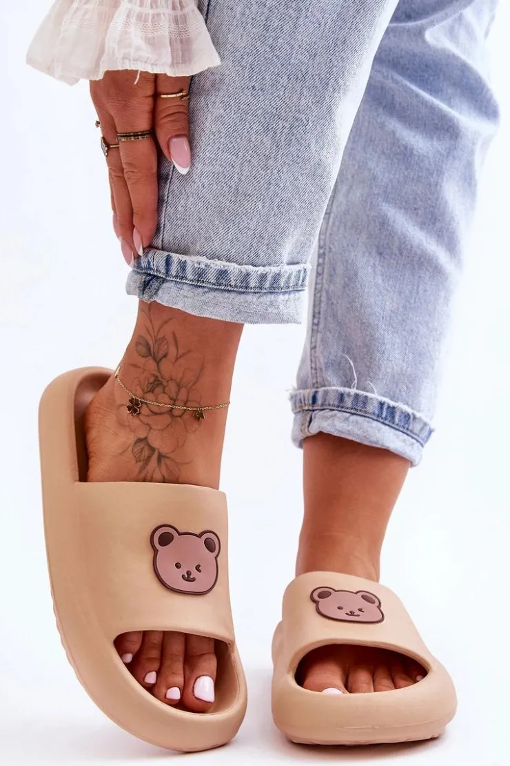 Hot Boto Lekkie Damskie Piankowe Klapki Z Misiem Beżowe Lia