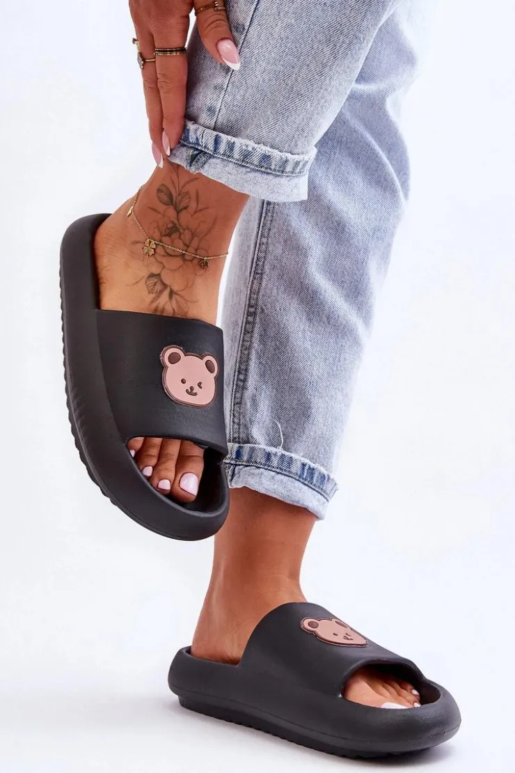 Hot Boto Lekkie Damskie Piankowe Klapki Z Misiem Czarne Lia