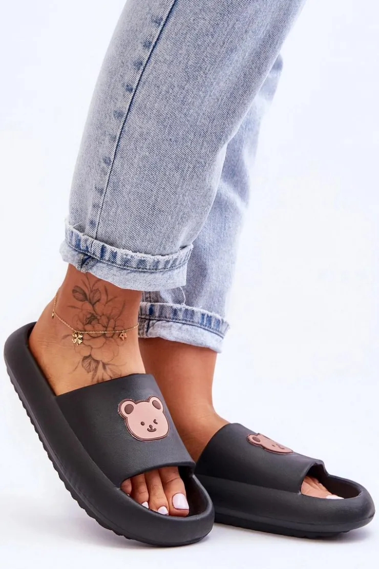 Hot Boto Lekkie Damskie Piankowe Klapki Z Misiem Czarne Lia