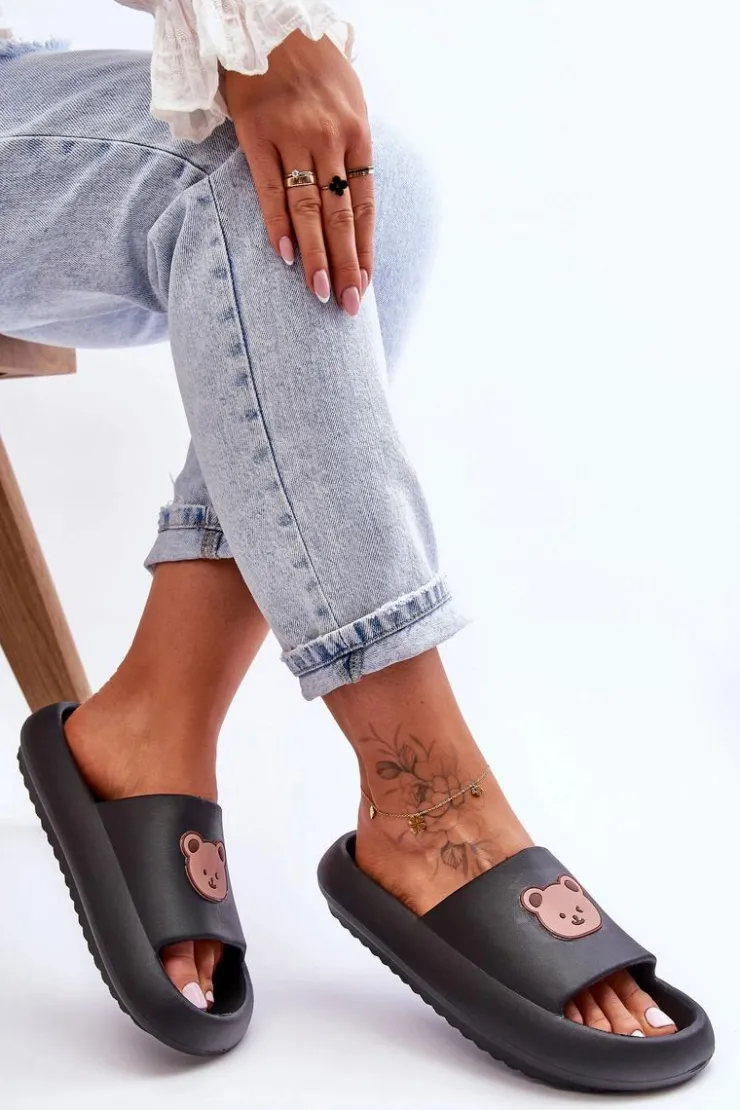 Hot Boto Lekkie Damskie Piankowe Klapki Z Misiem Czarne Lia