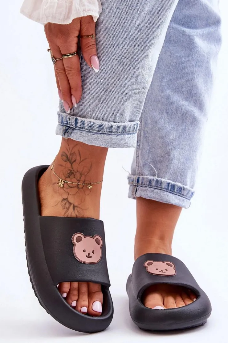 Hot Boto Lekkie Damskie Piankowe Klapki Z Misiem Czarne Lia