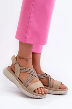 Clearance Evento Lekkie Damskie Wygodne Sandały Na Rzep Beżowe Ceclea Beżowy