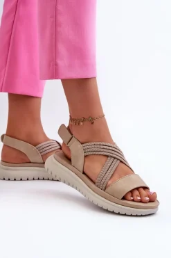 Clearance Evento Lekkie Damskie Wygodne Sandały Na Rzep Beżowe Ceclea Beżowy