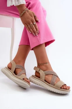 Clearance Evento Lekkie Damskie Wygodne Sandały Na Rzep Beżowe Ceclea Beżowy