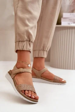 Discount INBLU Lekkie I Wygodne Zdobione Sandały Damskie Na Rzep Ciemnobeżowe CN000039