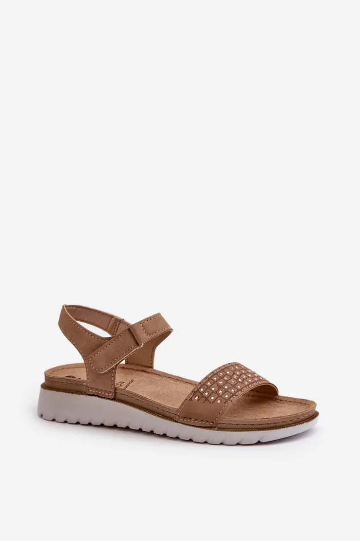 Discount INBLU Lekkie I Wygodne Zdobione Sandały Damskie Na Rzep Ciemnobeżowe CN000039