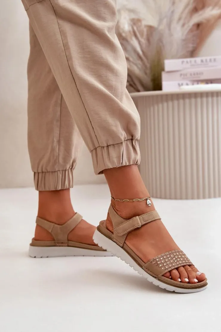 Discount INBLU Lekkie I Wygodne Zdobione Sandały Damskie Na Rzep Ciemnobeżowe CN000039