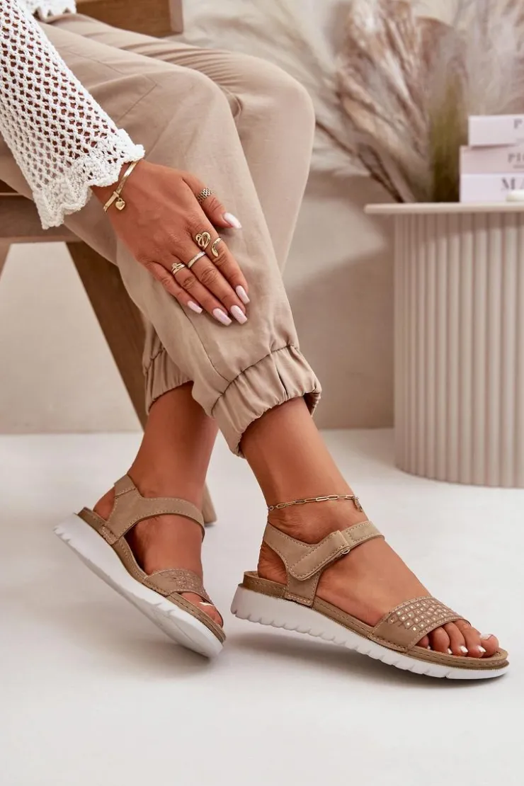 Discount INBLU Lekkie I Wygodne Zdobione Sandały Damskie Na Rzep Ciemnobeżowe CN000039