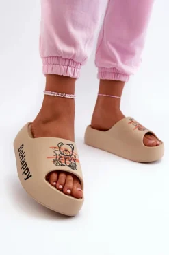 Boto Klapki Basenowe|Klapki Na Platformie*Lekkie Klapki Damskie Na Grubej Podeszwie Z Misiem Piankowe Ciemnobeżowe Serefina Beżowy