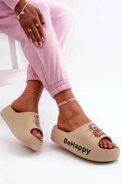 Boto Klapki Basenowe|Klapki Na Platformie*Lekkie Klapki Damskie Na Grubej Podeszwie Z Misiem Piankowe Ciemnobeżowe Serefina Beżowy