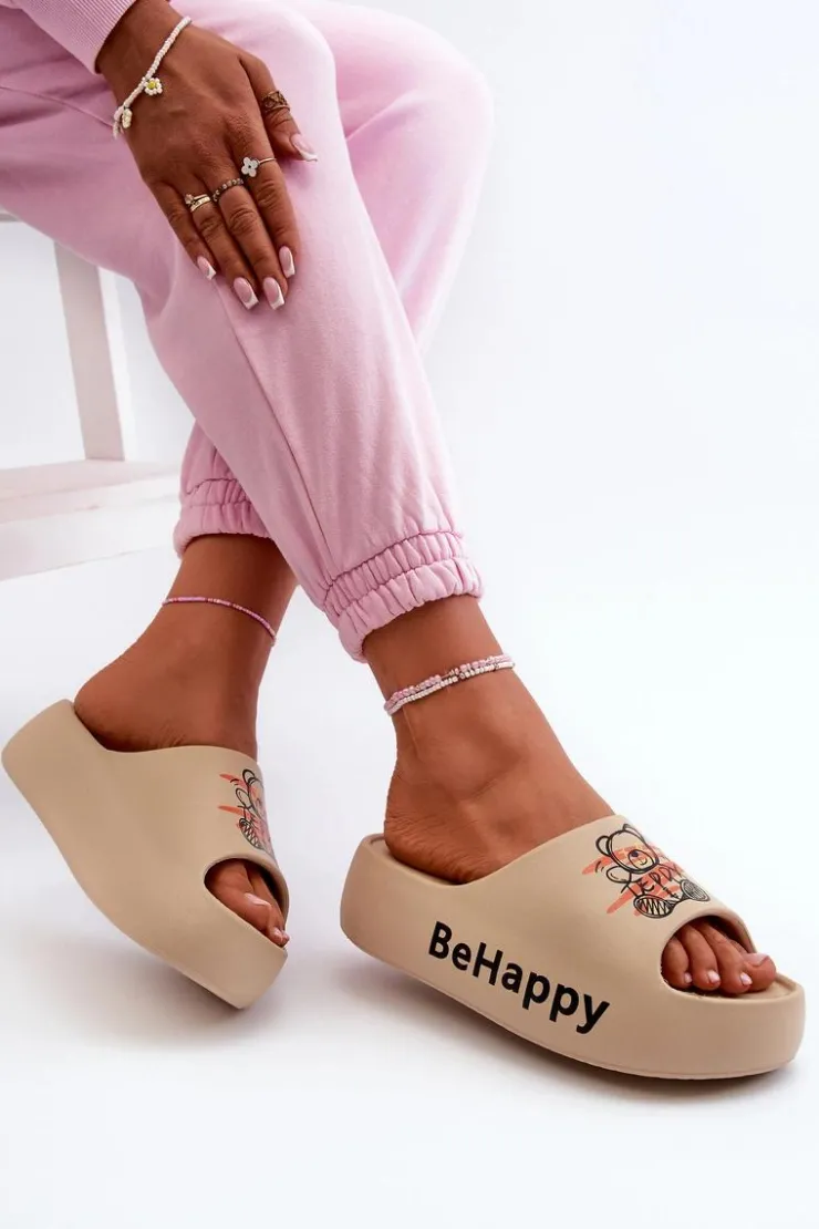 Boto Klapki Basenowe|Klapki Na Platformie*Lekkie Klapki Damskie Na Grubej Podeszwie Z Misiem Piankowe Ciemnobeżowe Serefina Beżowy