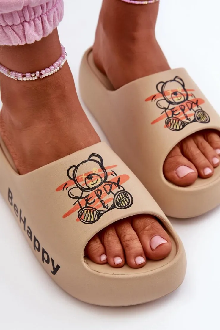 Boto Klapki Basenowe|Klapki Na Platformie*Lekkie Klapki Damskie Na Grubej Podeszwie Z Misiem Piankowe Ciemnobeżowe Serefina Beżowy