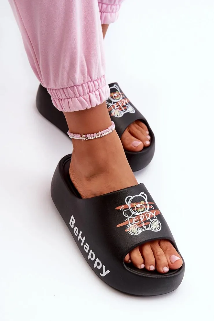 Boto Lekkie Klapki Damskie Na Grubej Podeszwie Z Misiem Piankowe Czarne Serefina Czarny