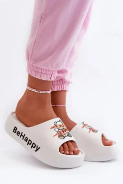 Damskie Boto Lekkie Klapki Damskie Na Grubej Podeszwie Z Misiem Piankowe Białe Serefina