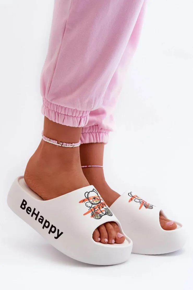 Damskie Boto Lekkie Klapki Damskie Na Grubej Podeszwie Z Misiem Piankowe Białe Serefina