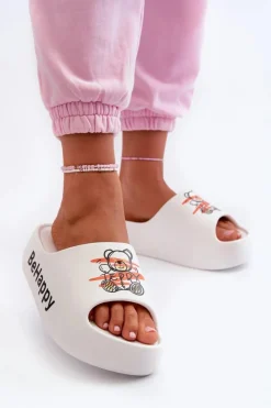 Damskie Boto Lekkie Klapki Damskie Na Grubej Podeszwie Z Misiem Piankowe Białe Serefina