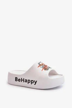 Damskie Boto Lekkie Klapki Damskie Na Grubej Podeszwie Z Misiem Piankowe Białe Serefina