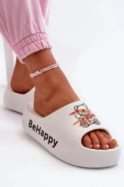 Damskie Boto Lekkie Klapki Damskie Na Grubej Podeszwie Z Misiem Piankowe Białe Serefina