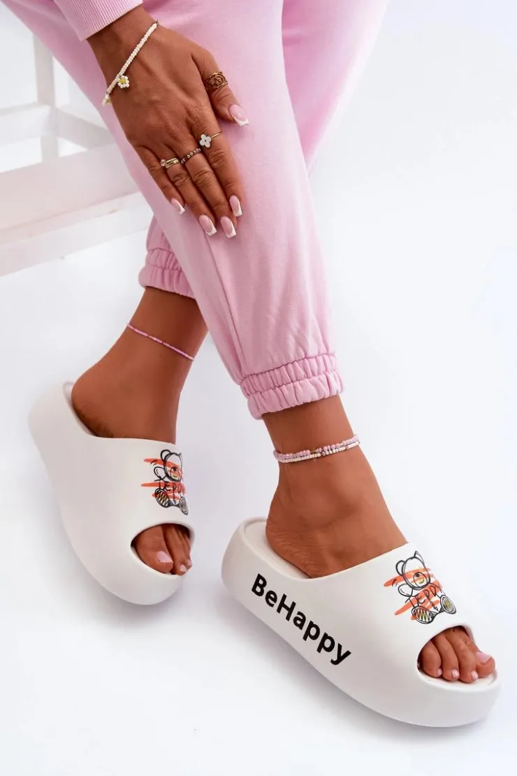 Damskie Boto Lekkie Klapki Damskie Na Grubej Podeszwie Z Misiem Piankowe Białe Serefina