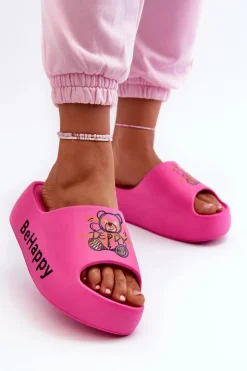 Damskie Boto Lekkie Klapki Damskie Na Grubej Podeszwie Z Misiem Piankowe Fuksja Serefina