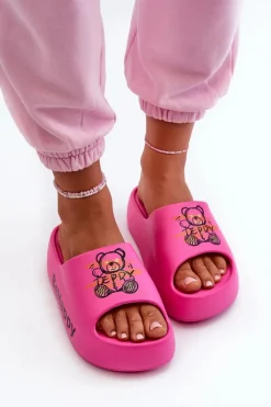 Damskie Boto Lekkie Klapki Damskie Na Grubej Podeszwie Z Misiem Piankowe Fuksja Serefina