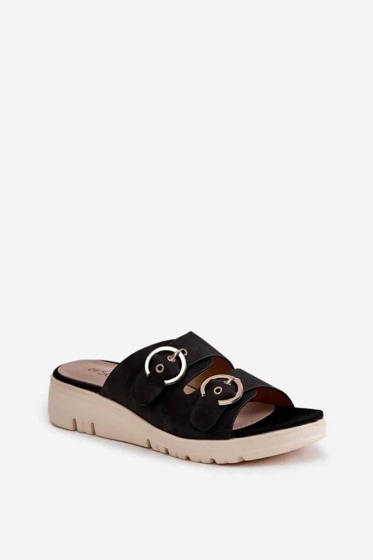 Boto Klapki Na Koturnie|Klapki Na Platformie*Lekkie Klapki Damskie Na Koturnie Z Klamrami Czarne Hellexia