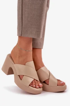 Boto Klapki Na Obcasie|Klapki Damskie Klasyczne*Lekkie Klapki Na Słupku Z Eko Skóry Jasnobeżowe Kacaria Beżowy