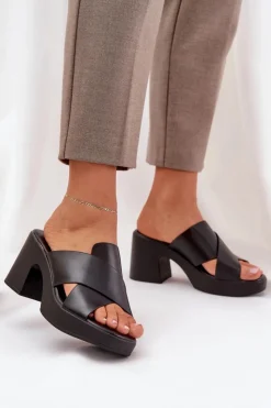 Damskie Boto Lekkie Klapki Na Słupku Z Eko Skóry Czarne Kacaria