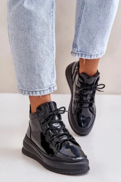 Artiker Buty Sportowe Na Platformie*Lekkie Lakierowane Buty Sportowe Na Platformie Skóra Naturalna 55C1049 Czarne