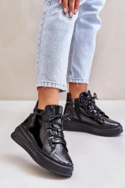 Artiker Buty Sportowe Na Platformie*Lekkie Lakierowane Buty Sportowe Na Platformie Skóra Naturalna 55C1049 Czarne