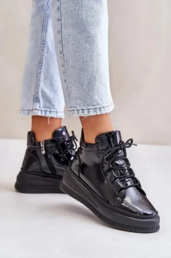 Artiker Buty Sportowe Na Platformie*Lekkie Lakierowane Buty Sportowe Na Platformie Skóra Naturalna 55C1049 Czarne
