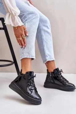Artiker Buty Sportowe Na Platformie*Lekkie Lakierowane Buty Sportowe Na Platformie Skóra Naturalna 55C1049 Czarne