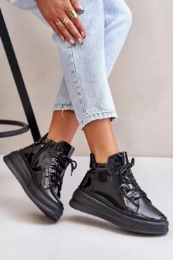 Artiker Buty Sportowe Na Platformie*Lekkie Lakierowane Buty Sportowe Na Platformie Skóra Naturalna 55C1049 Czarne